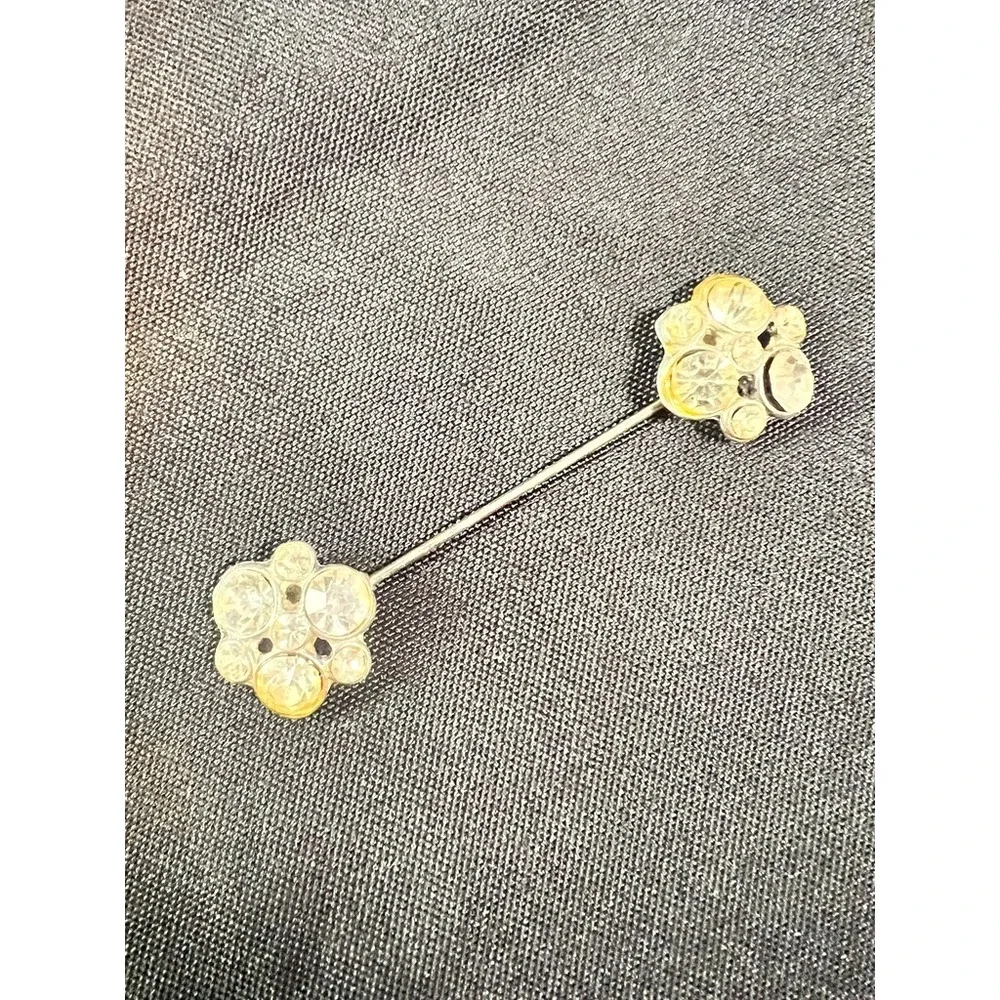 Vintage Rhinestone Collar Pin Silver Tone Double Floral Ends Bar Brooch 2.25